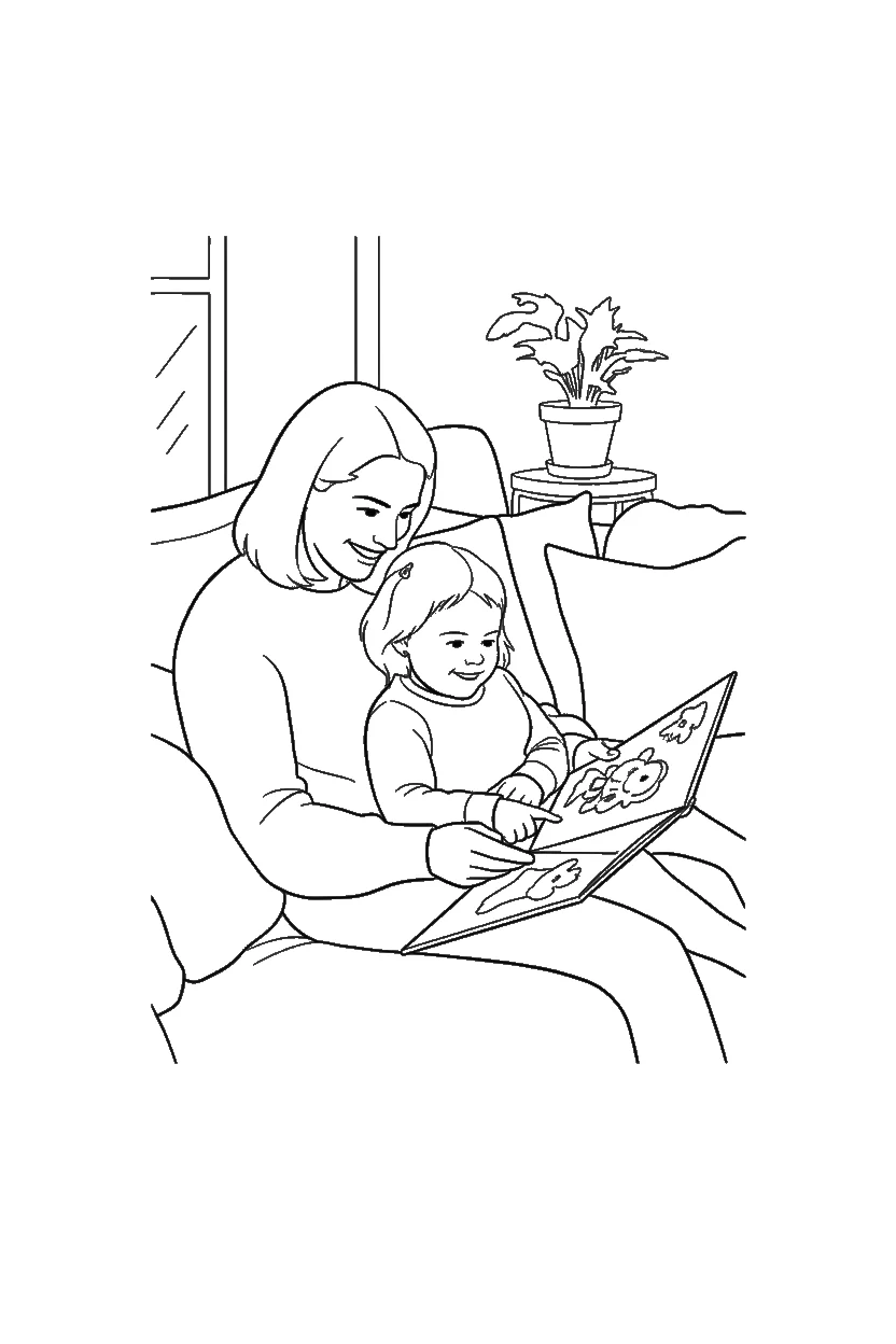 La même photo transformée en page de coloriage au trait, prête à colorier