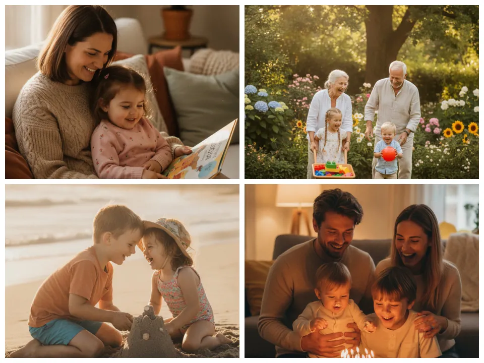 Quatre exemples de photos de famille prêtes à importer : lecture sur le canapé, grands-parents au jardin, château de sable, gâteau d'anniversaire