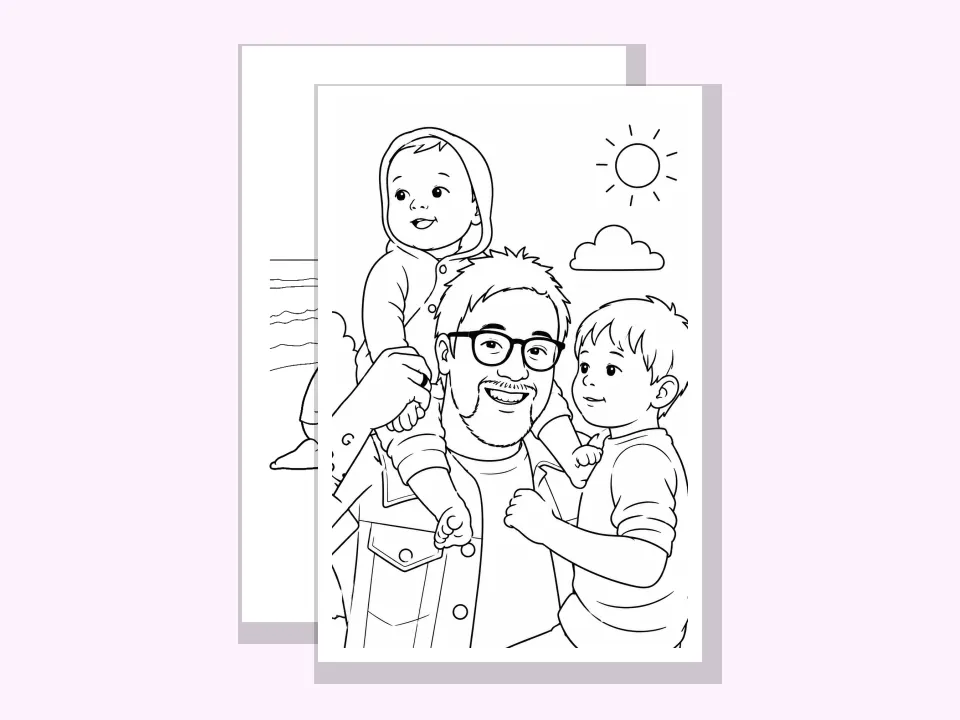 Deux pages de coloriage imprimées, dessinées au trait à partir d'une photo de famille